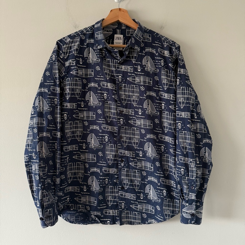 Zara Button Up Shirt Mens M Blue Sailboats Nautical Resortwear Preppy Coastal